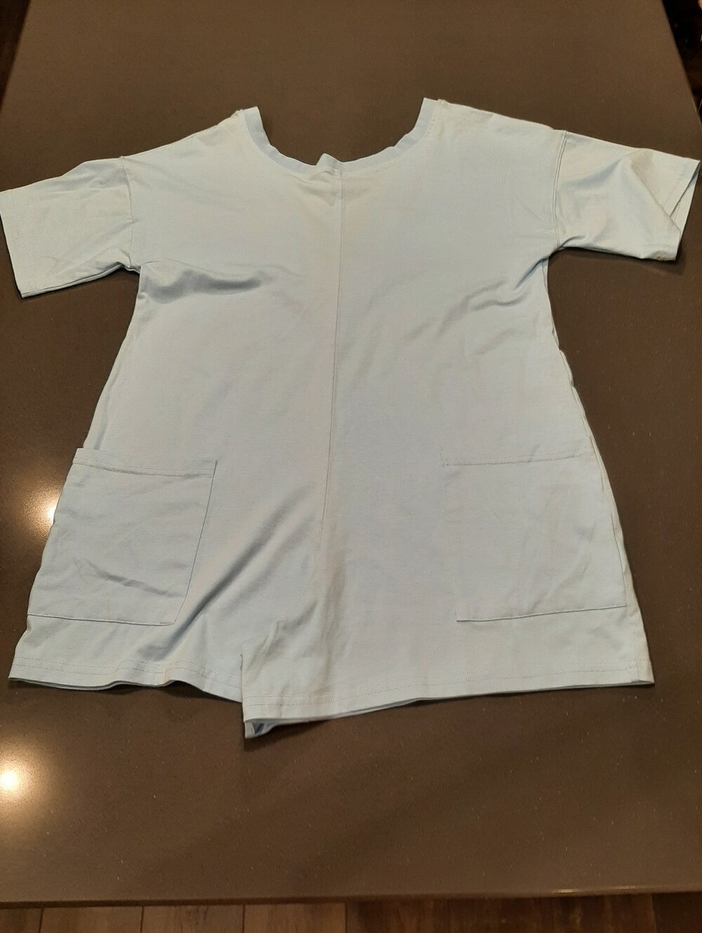 Light Blue Adult Romper One Piece Short Sleeve Pocket Stretch Jumpsuit